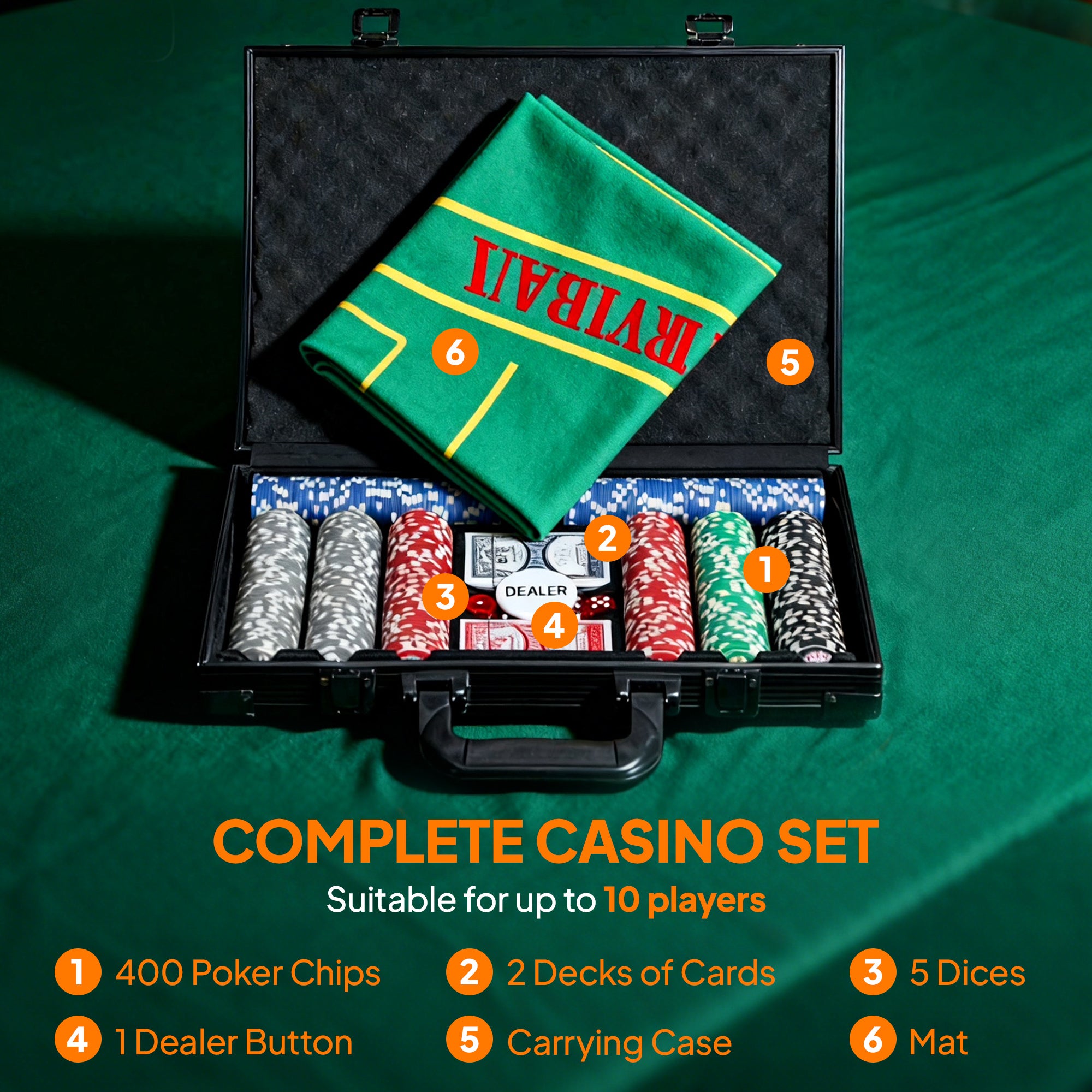 SPORTNOW 400-Piece Poker Chips Set with Lightweight ABS Case, Casino Texas Holdem Poker Set with Mat, 11.5g Numbered Poker Chips, Two Decks of Cards, Dealer, Five Dices, Grey 