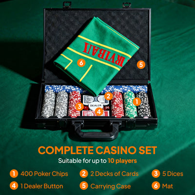 SPORTNOW 400-Piece Poker Chips Set with Lightweight ABS Case, Casino Texas Holdem Poker Set with Mat, 11.5g Numbered Poker Chips, Two Decks of Cards, Dealer, Five Dices, Grey 