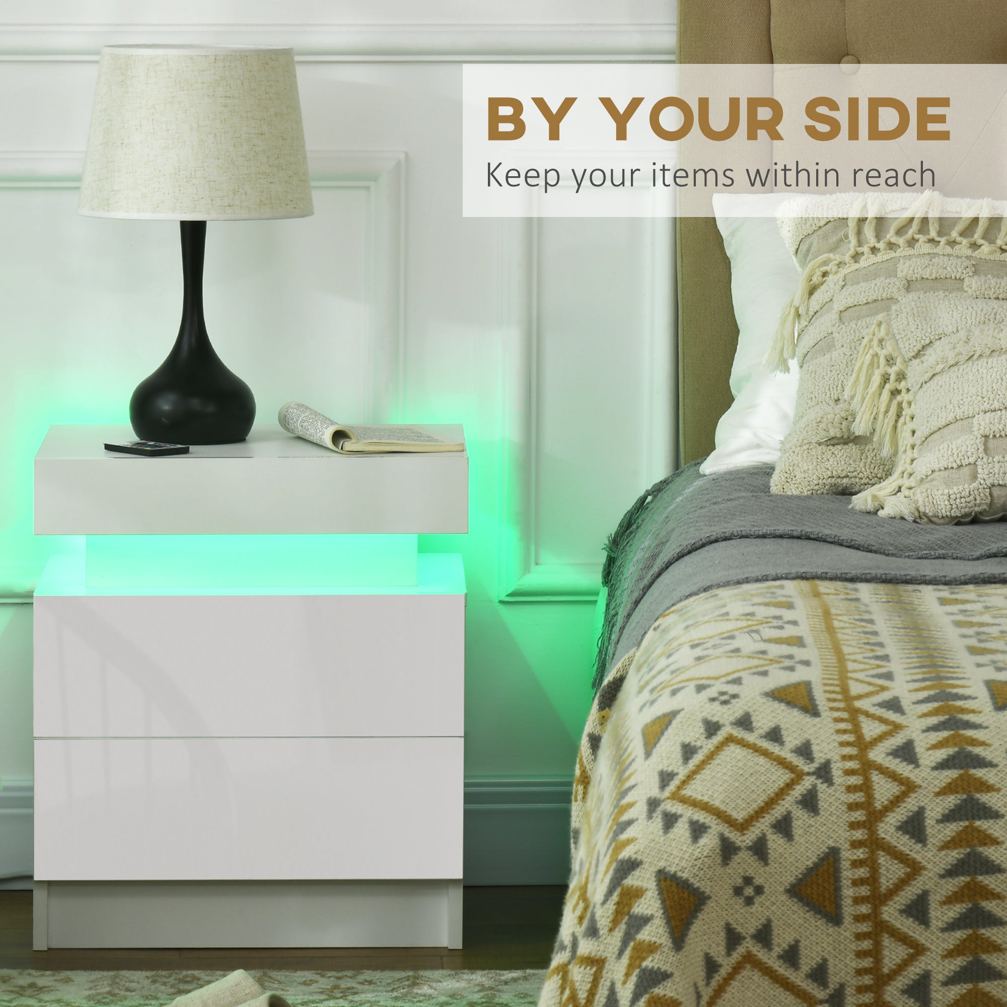 HOMCOM White Bedside Table with LED Light, High Gloss Front Nightstand with 2 Drawers, for Living Room, Bedroom 