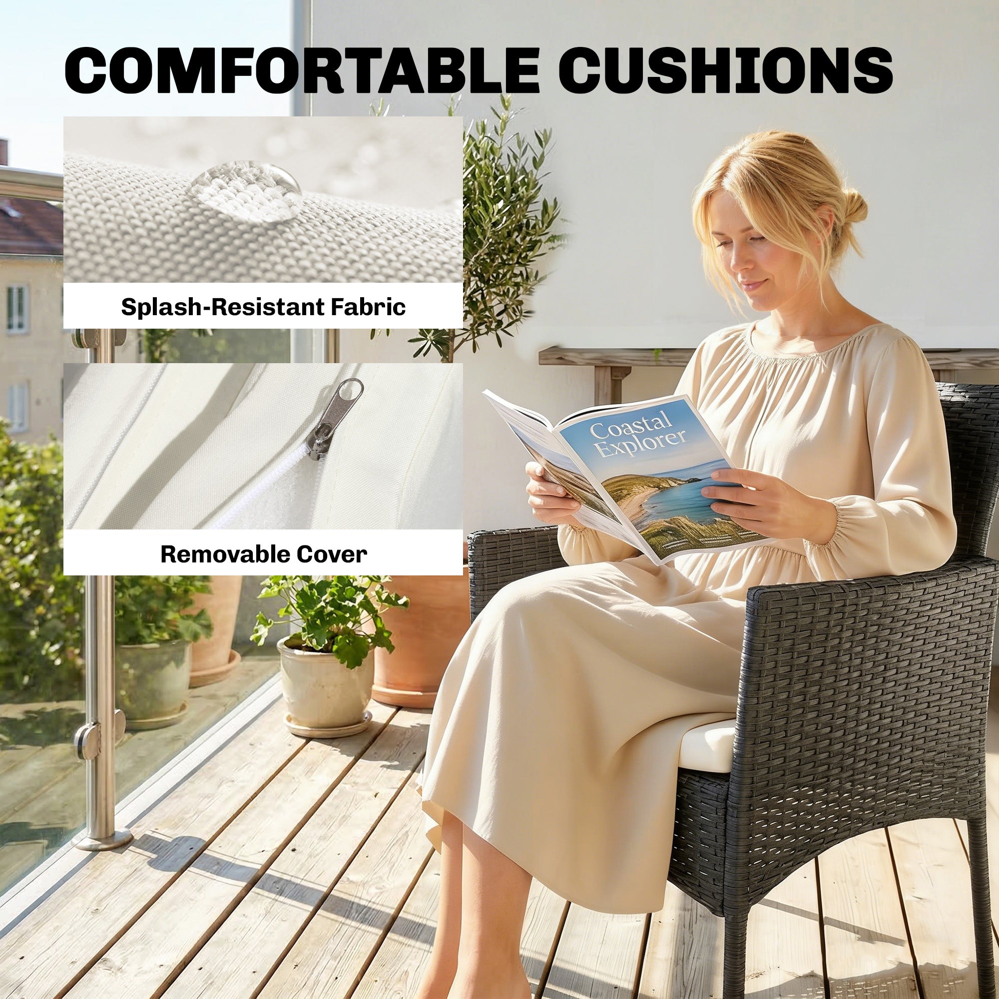 Outsunny 3 Piece Rattan Bistro Set, PE Wicker Garden Furniture Conversation Set with 2 Tier Glass-Top Table, Chairs, Cream White 