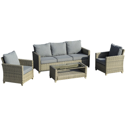 Outsunny 4 Pieces Patio Wicker Sofa Set, Outdoor PE Rattan Sectional Conversation Aluminium Frame Furniture Set w/ Padded Cushion & 2-Tier Tea Table, Brown 