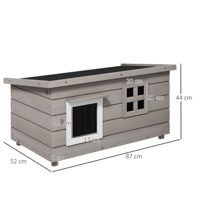 PawHut Wooden Outdoor Cat House, Elevated Cat Shelter Kennel, Pet Play House with Openable Top, Asphalt Roof, Window, Grey 