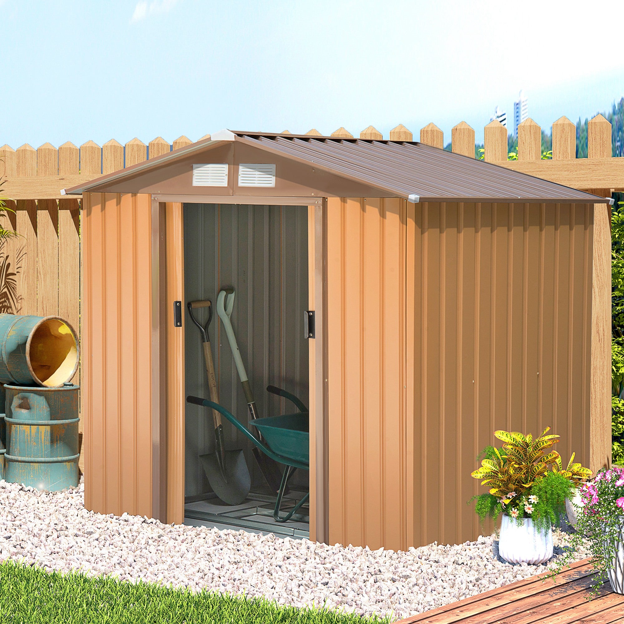 Outsunny 7 x 4ft Lockable Metal Garden Tool Storage Shed Storage - Light Brown 