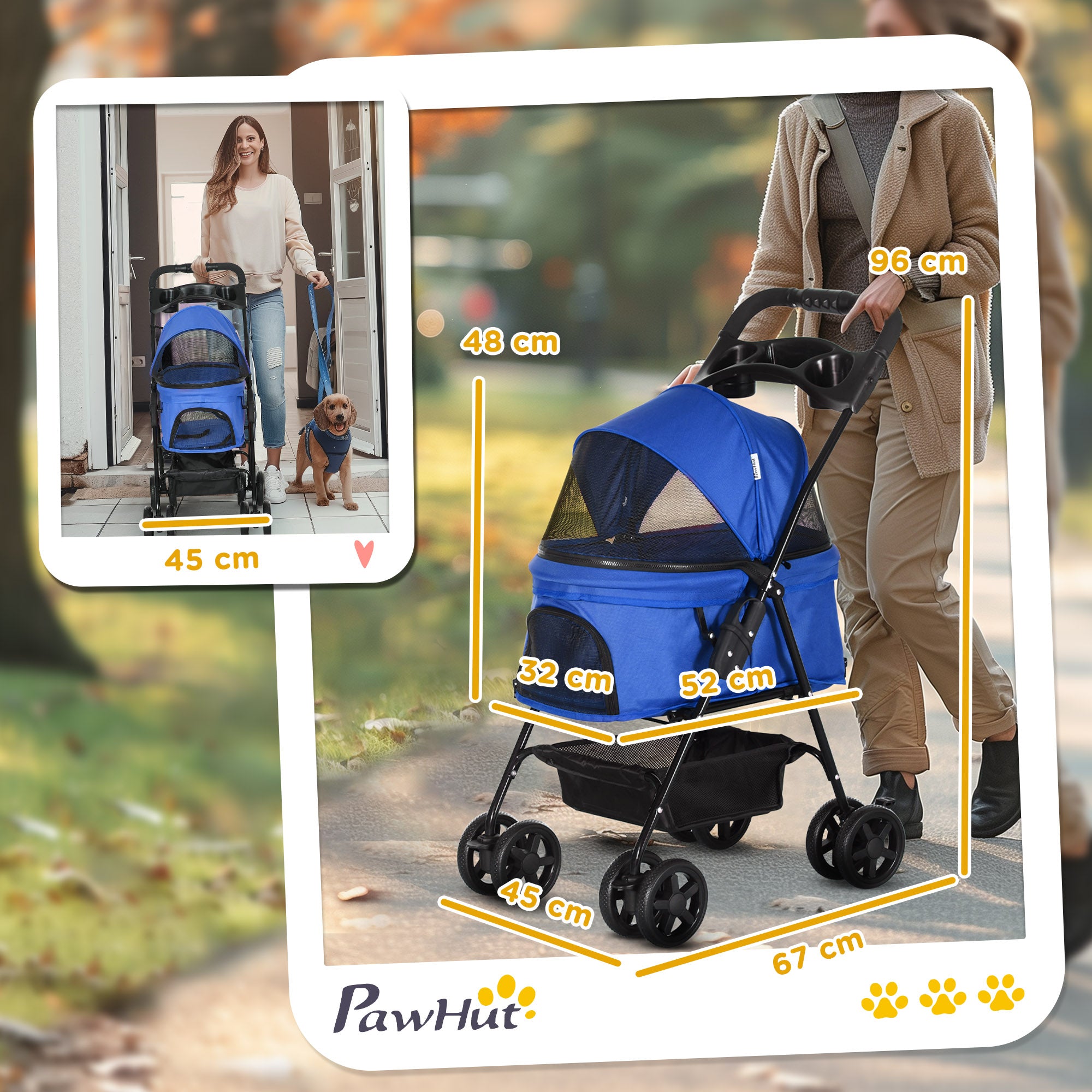 PawHut Dog Pram Dog Stroller Foldable Pet Pushchair with 4 Wheels, Safety Leashes, Cup Holder for Small Dogs, Blue 