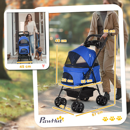 PawHut Dog Pram Dog Stroller Foldable Pet Pushchair with 4 Wheels, Safety Leashes, Cup Holder for Small Dogs, Blue 
