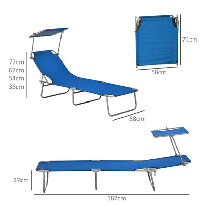 Outsunny Outdoor Foldable Sun Lounger Set of 2, 4 Level Adjustable Backrest Reclining Sun Lounger Chair with Angle Adjust Sun Shade Awning for Beach, Garden, Patio, Blue 