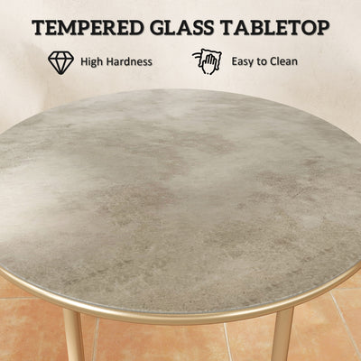 Outsunny Round Small Garden Table, 60cm Outdoor Side Table with Faux Marble Tempered Glass Top, Steel Frame for Garden Patio Balcony, Beige 