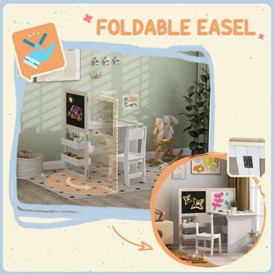 AIYAPLAY 3 in 1 Kids Table and Chair Set with Storage, Whiteboard, Blackboard & Roll Paper for 3-8 Years, White 