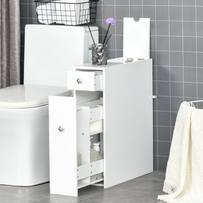 HOMCOM Bathroom Slim Floor Cabinet Narrow Wooden Storage Home Bath Toilet Cupboard Organiser Unit with Drawers White 
