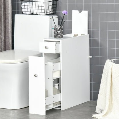 HOMCOM Bathroom Slim Floor Cabinet Narrow Wooden Storage Home Bath Toilet Cupboard Organiser Unit with Drawers White 
