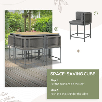Outsunny 4 Seater Rattan Cube Garden Furniture Set with Cushions, Square Garden Dining Set with Stone Composite Board Top Table, Outdoor Dining Table and Chairs, Grey 