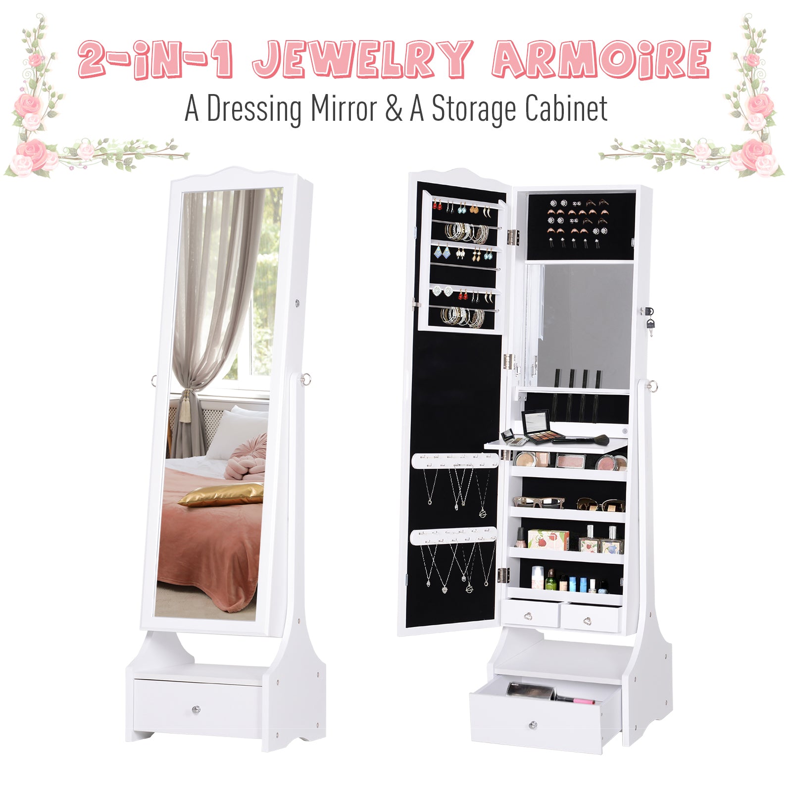 HOMCOM Jewellery Cabinet with led, mirroir Cabinet Armoire Floor Standing Flip-over Makeup Shelf Organizer with lock white 
