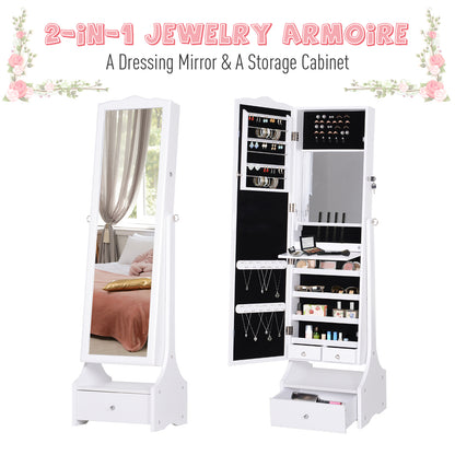 HOMCOM Jewellery Cabinet with led, mirroir Cabinet Armoire Floor Standing Flip-over Makeup Shelf Organizer with lock white 
