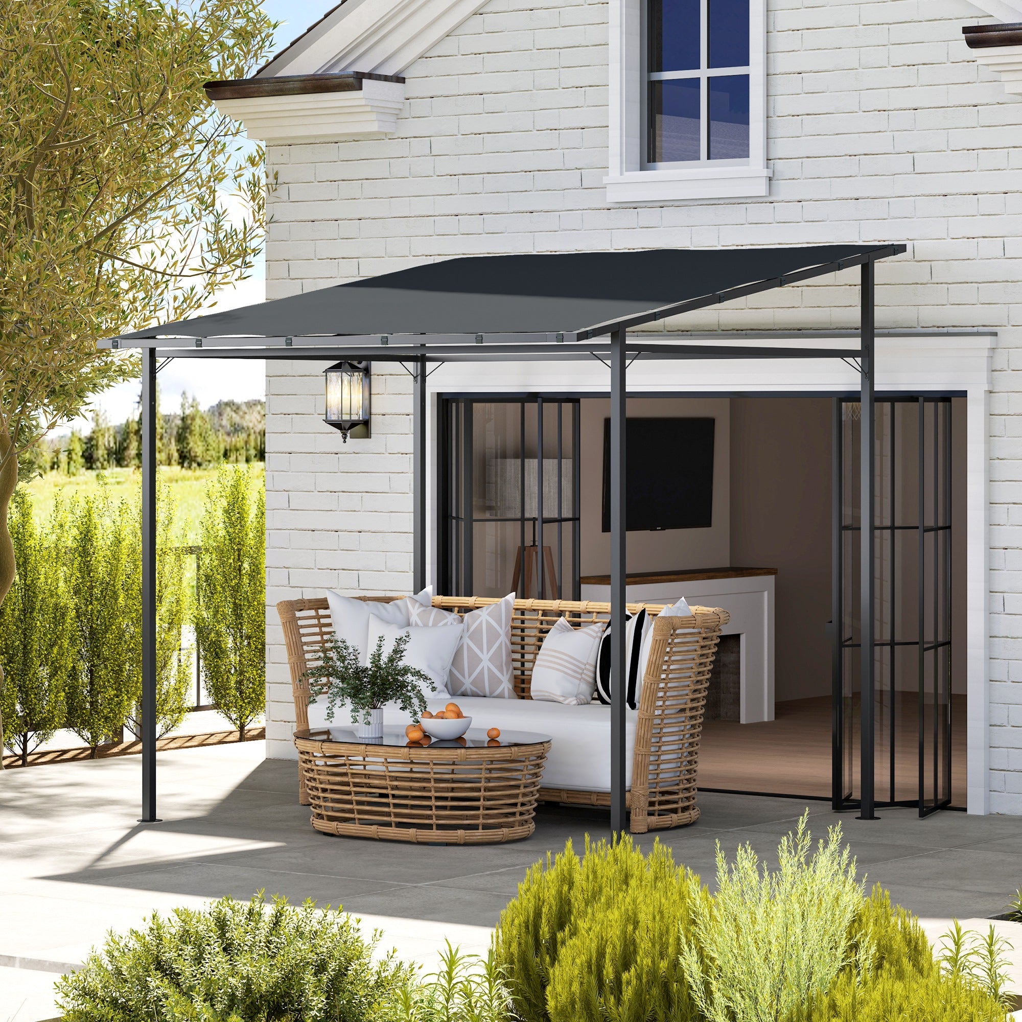 Outsunny 2.4 x 2.4 m Wall Mounted Pergola Gazebo with PA Coating Fabric and Metal Frame, UPF30+, Lean to Garden Gazebo, Wind Resistant Outdoor Sun Shade Shelter for Garden, Deck, Dark Grey 