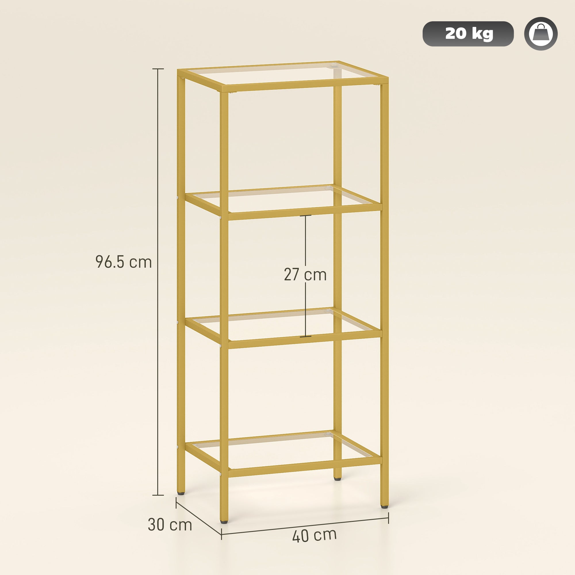 HOMCOM 4-Tier Shelving Unit, Glass Shelf, Vertical Storage Shelf for Living Room, Home Office, Bedroom, Bathroom, Gold Tone