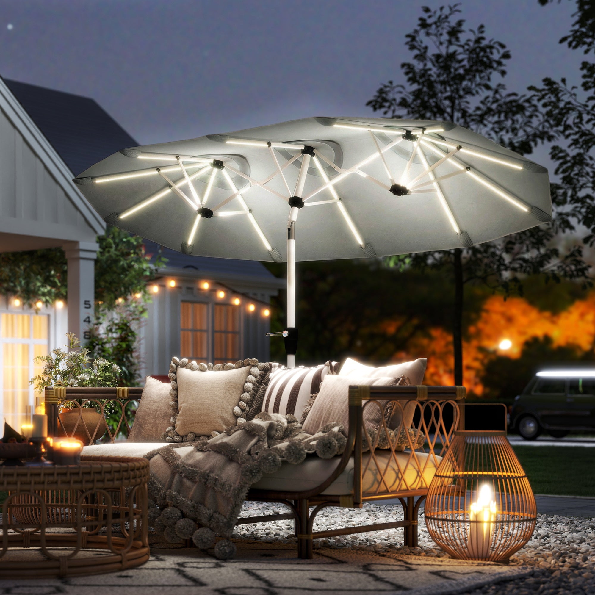 Outsunny 3 m Double-Sided Garden Parasol with LED Solar Lights, Outdoor Extra Large Sun Umbrella with Crank Handle, Grey 