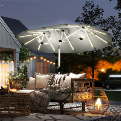 Outsunny 3 m Double-Sided Garden Parasol with LED Solar Lights, Outdoor Extra Large Sun Umbrella with Crank Handle, Grey 