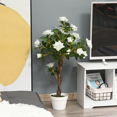 Outsunny Artificial Plants White Rose Floral in Pot, Fake Plants for Home Indoor Outdoor Decor, 90cm 