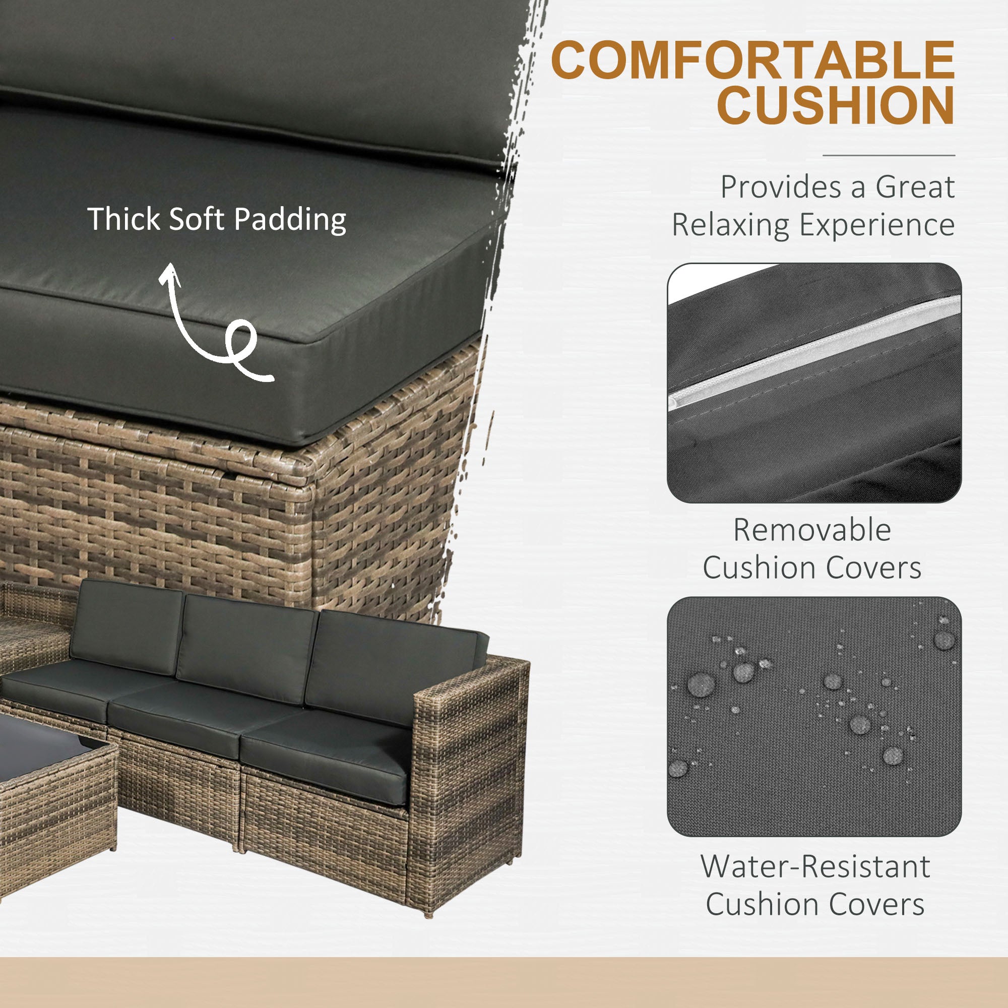 Outsunny 8 Pieces Outdoor PE Rattan Sofa Set with Cushions, Patio Garden Furniture Sets with Glass Top Coffee Table, Storage Corner Table, Mixed Brown 