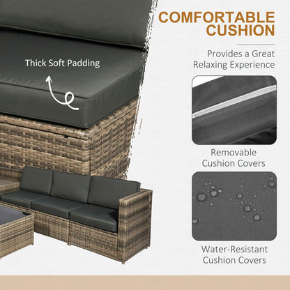 Outsunny 8 Pieces Outdoor PE Rattan Sofa Set with Cushions, Patio Garden Furniture Sets with Glass Top Coffee Table, Storage Corner Table, Mixed Brown 