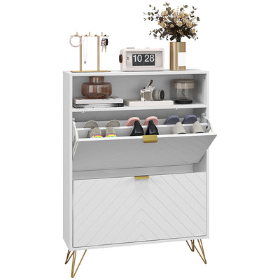 HOMCOM 12 Shoe Storage Cabinet, with Chevron Indents and Gold Tone Accents - White 