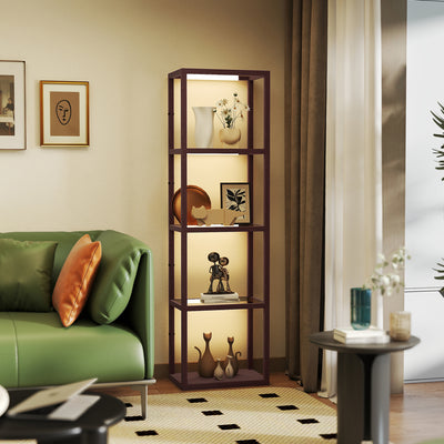 HOMCOM LED Floor Lamp with Glass Shelves, 4 Layers Dimmable Tall Standing Lamp, Modern Column Shelf Floor Light for Living Room, Bedroom, Office, Dark Brown 