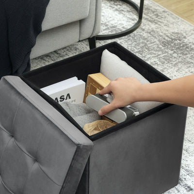 HOMCOM Foldable Velvet-Feel Storage Ottoman - Grey 
