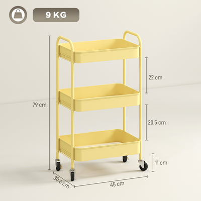 HOMCOM Three-Tier Steel Storage Trolley - Yellow 