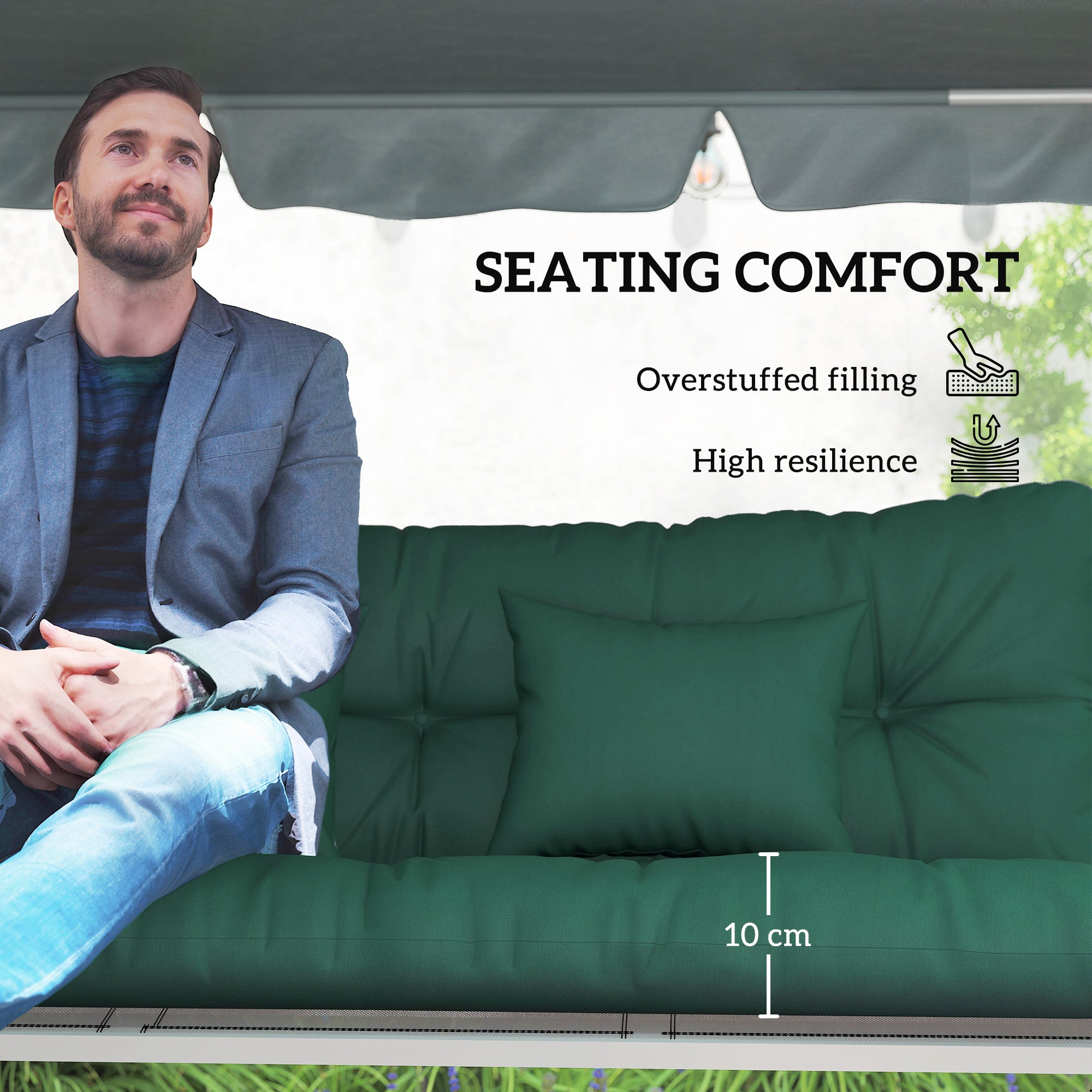 Outsunny Outdoor Seat Cushions Back Cushion with 2 Pillows, Water Repellent Seat Pads for 3-Seater Chair, Green 