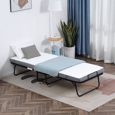 HOMCOM Folding Bed with 10cm Mattress, Portable Foldable Guest Bed with Sturdy Metal Frame on Wheels 