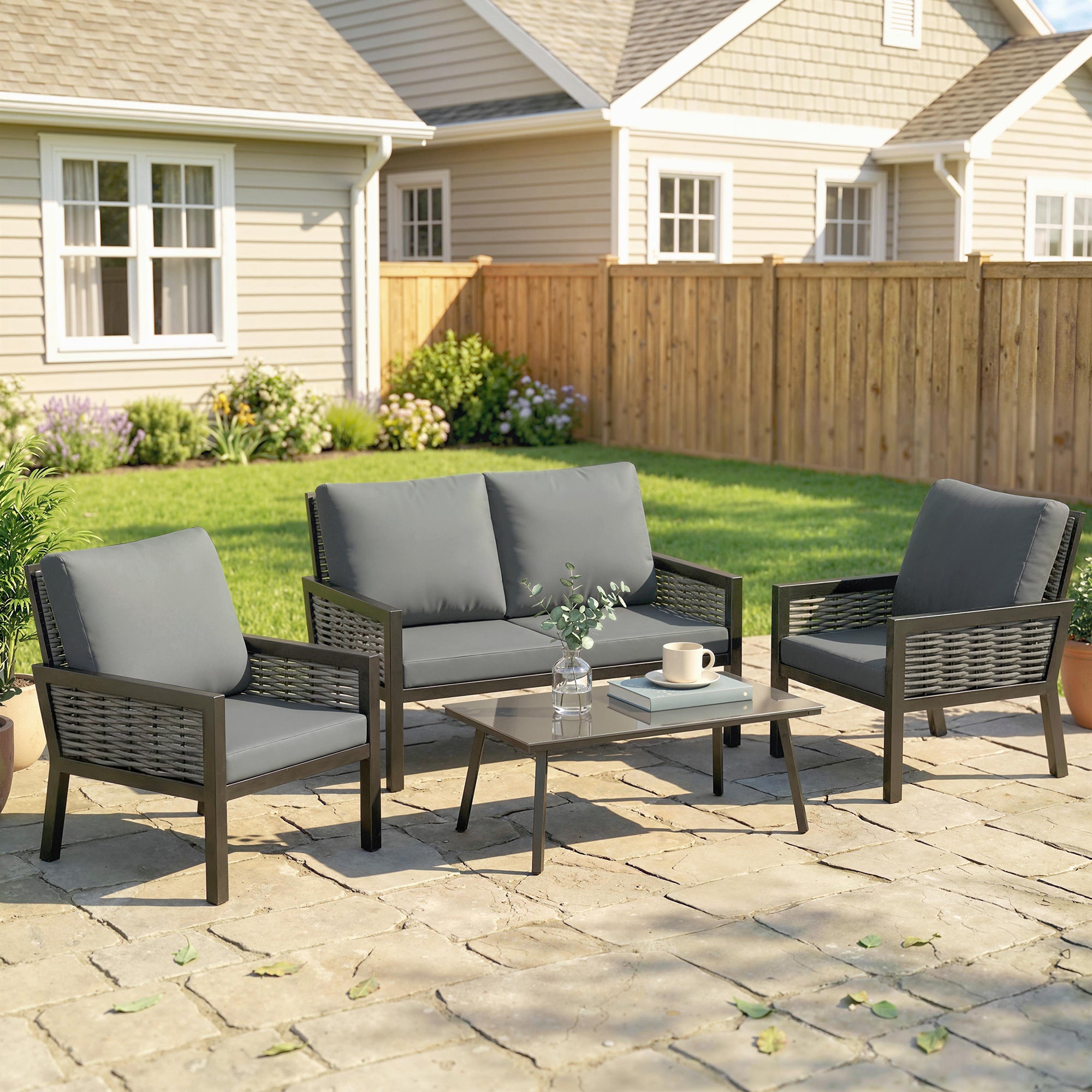 Outsunny 4 Seater Rattan Garden Furniture Set with 2 Armchairs, Loveseat, Coffee Table, Garden Sofa Set with Cushions, Dark Grey 