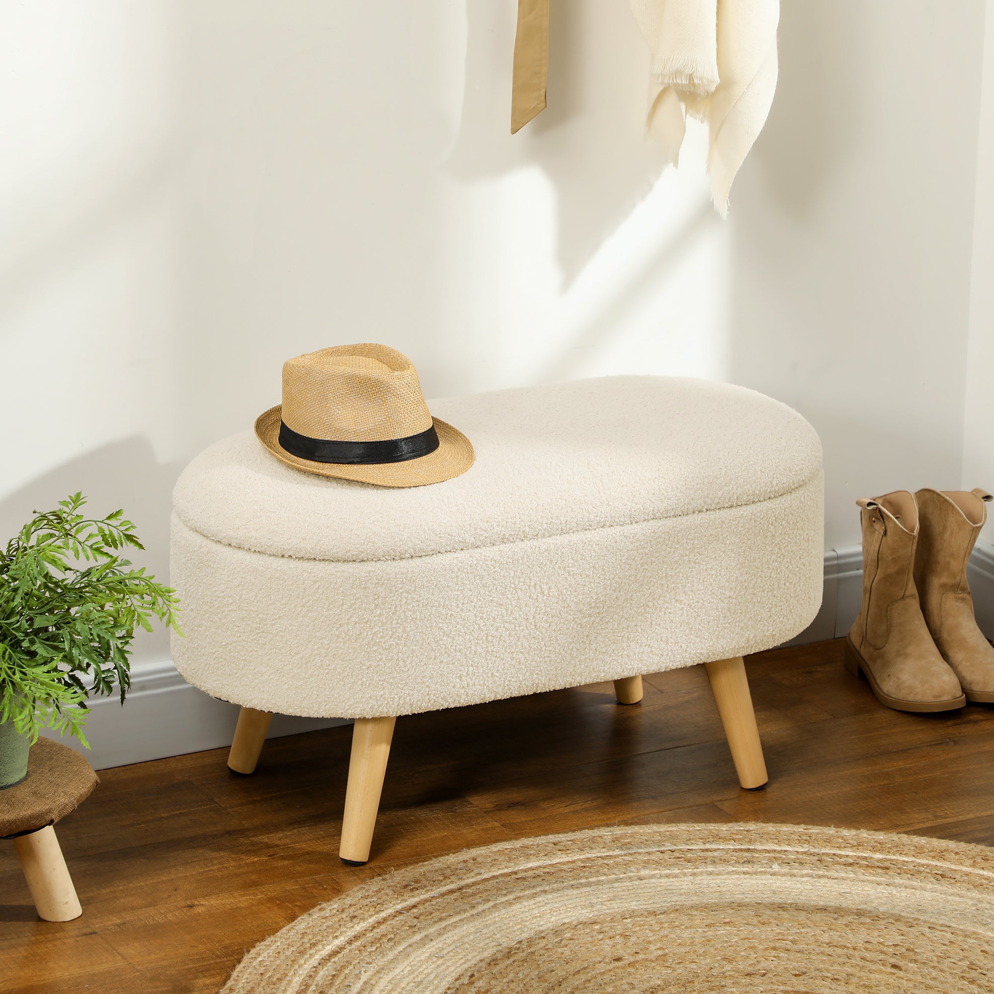 HOMCOM Teddy Fleece Storage Ottoman - Cream White 