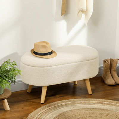 HOMCOM Teddy Fleece Storage Ottoman - Cream White 