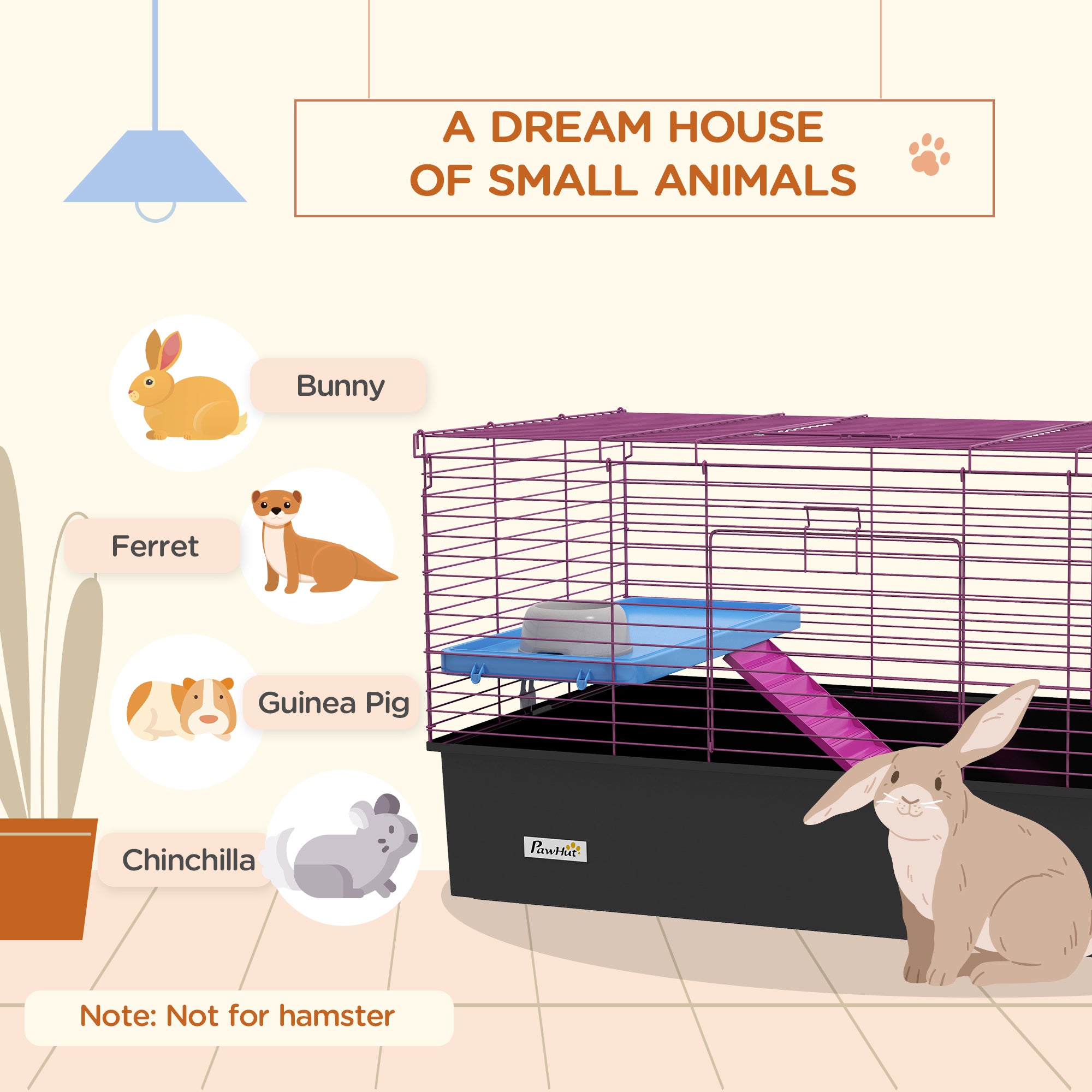 PawHut Chinchillas Small Rabbit Guinea Pig Small Animal Cage, Pet Playhouse, with Platform, Ramp, 99 x 52 x 53cm, Black 