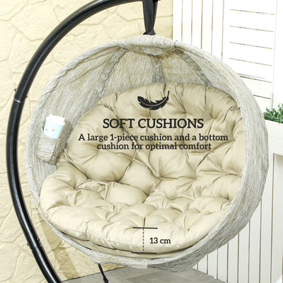 Outsunny Hanging Egg Chair Outdoor Indoor Garden Swing Chair with Folding Basket, Garden Hanging Chair with Stand, Thickened Cushion, Cup Holder for Patio, Balcony, Khaki 