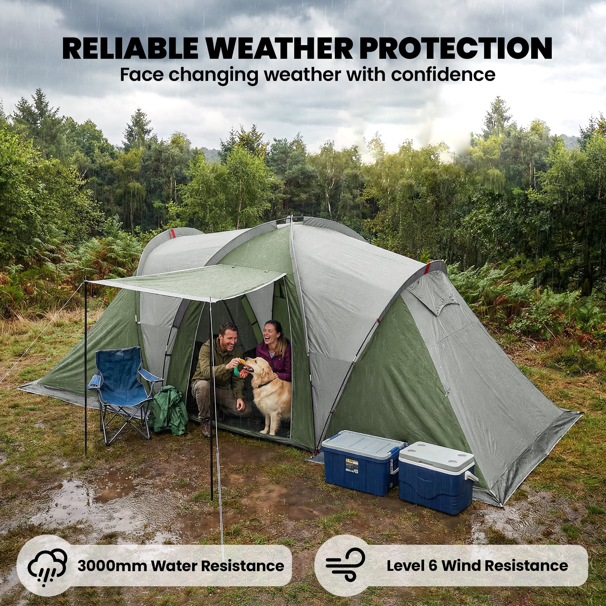Outsunny Family Camping Tent 3000mm Waterproof Windproof Tunnel Tent 8-12 Person Two Bedrooms Green 