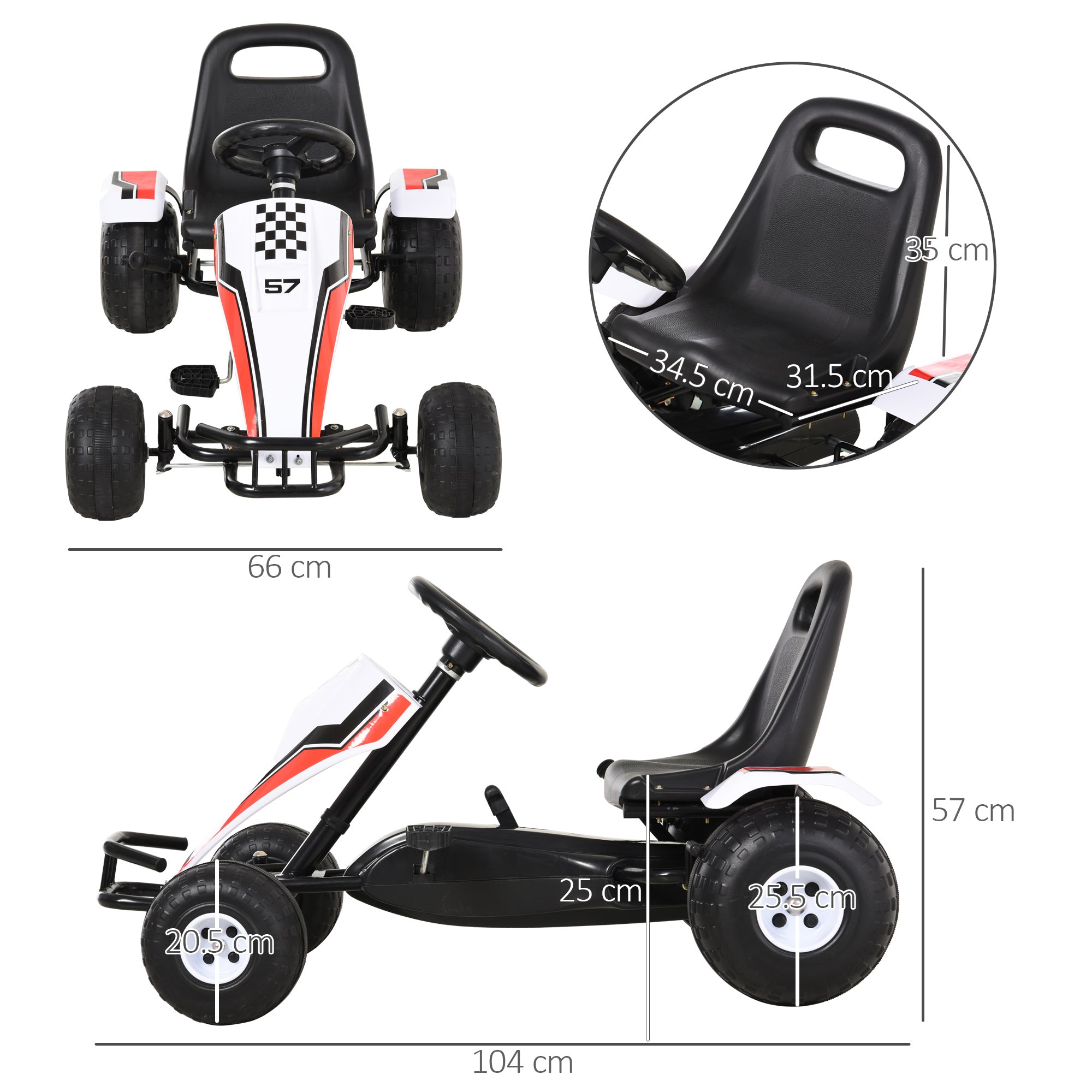 HOMCOM Kids Children Pedal Go Kart Manual Ride On Car w/ Brake Gears Steering Wheel Adjustable Seat 4 Smooth Wheels Racing-Style White 104 x 66 x 57 cm 