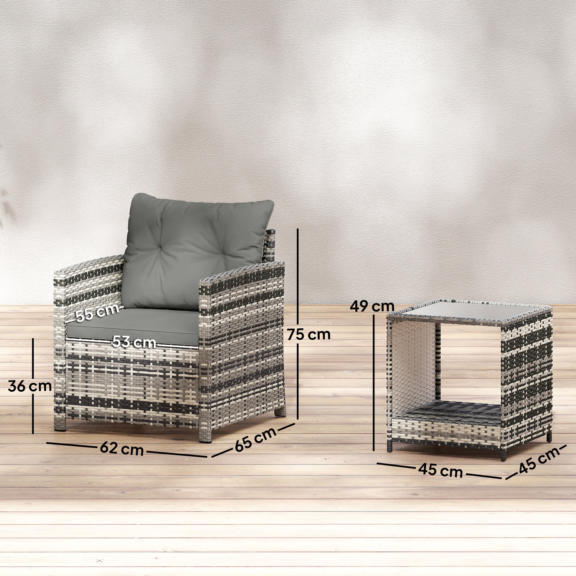 Outsunny Rattan Bistro Set, 3 Piece Garden Furniture Set with 2 Tier Glass Top Table and Cushions, Mixed Grey 