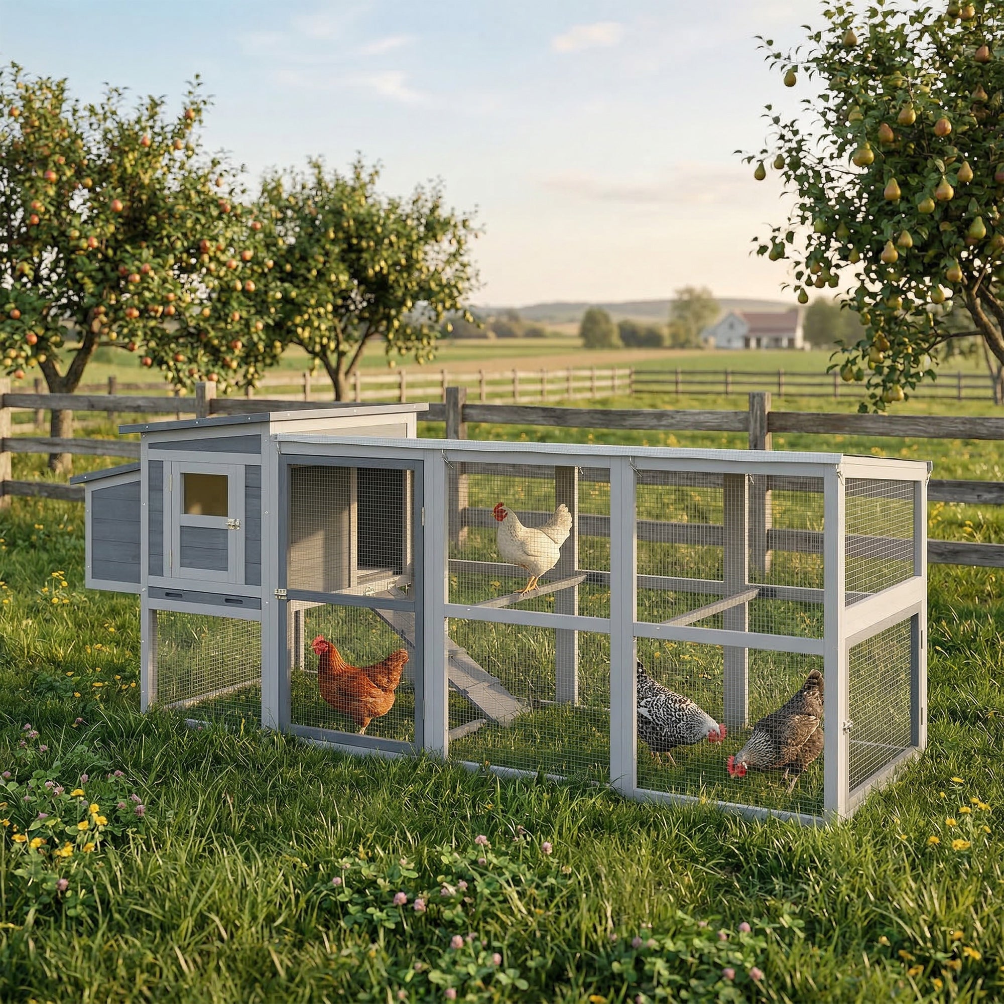 PawHut Large Chicken Coop, Wooden Hen House with Covered Run, Nesting Box, Pull-Out Tray, Opening Asphalt Roof 