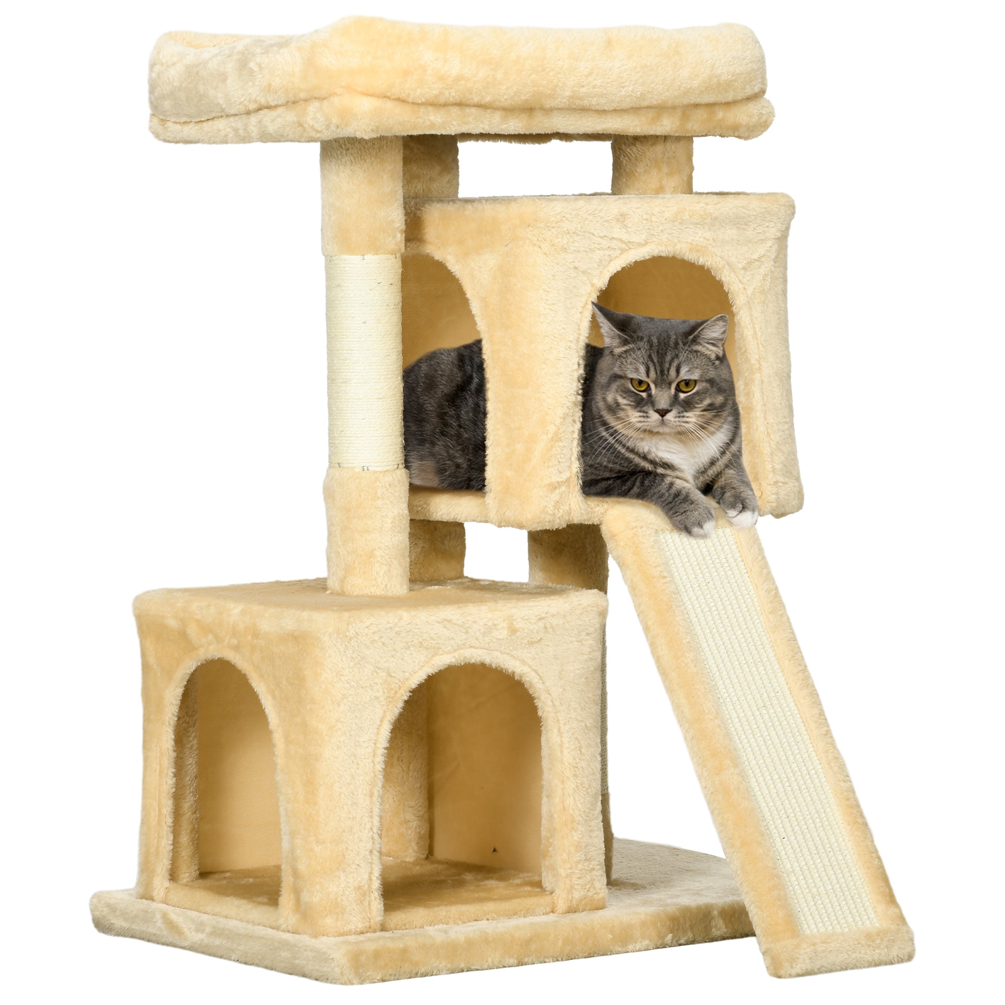 PawHut Sisal Cat Rest & Play Activity Tree w/ 2 House Cream White 