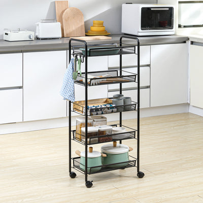 HOMCOM Five-Steel Mesh Basket Storage Trolley, with Wheels - Black 