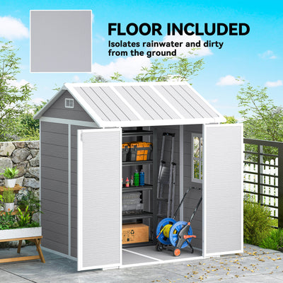 Outsunny 6 x 6ft Garden Shed with Floor, Window, Lockable Doors and Vents, Wood Effect Resin Tool Shed for Outdoor Patio, Grey 