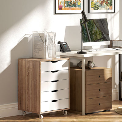 Vinsetto Five-Drawer Filing Cabinet, with Wheels - Oak Brown 