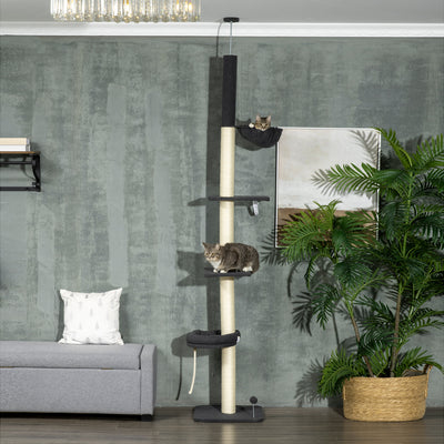 PawHut 240-270cm Floor-To-Ceiling Cat Tree, 5 Tier Cat Climbing Tower, with Bed, Hammock, Platforms, Black and Cream 