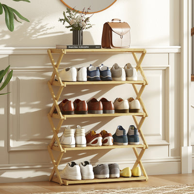 HOMCOM Five-Tier Folding Bamboo Shoe Rack - Natural Finish 