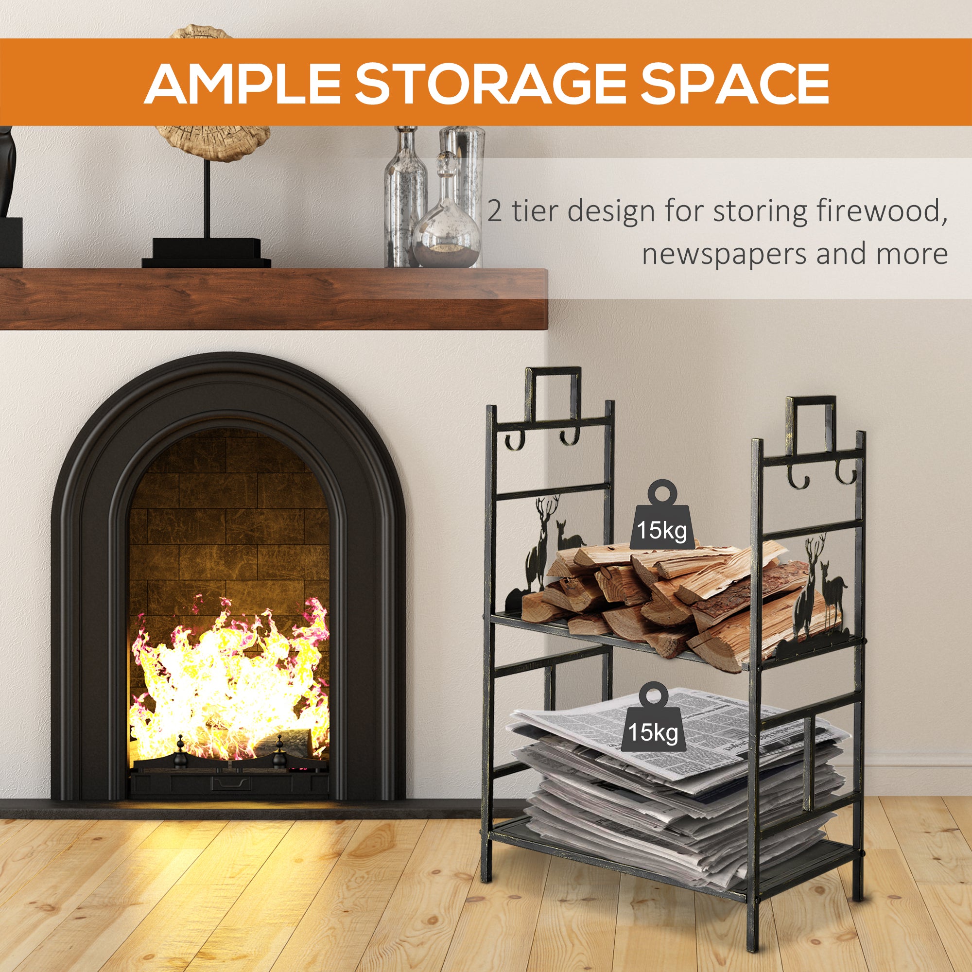 Outsunny Metal Firewood Log Holder 2 Tier Firewood Rack Indoor Outdoor Fireplace Wood Storage Shelf with 4 Tools, Hooks, Elk Shape Design, Black Gold Tone, 51.5W x 33D x 77H cm 