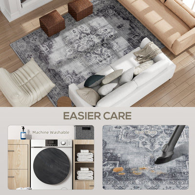 HOMCOM Vintage Area Rug, Non-Slip Washable Rug, Flannel Floor Carpet for Living Room, Bedroom, Dining Room, Home Office, 290 x 200 cm, Grey 