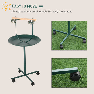 PawHut Bird Perch Stand with Perch, Four Wheels, Feeding Bowls for Small & Medium Birds, Green 