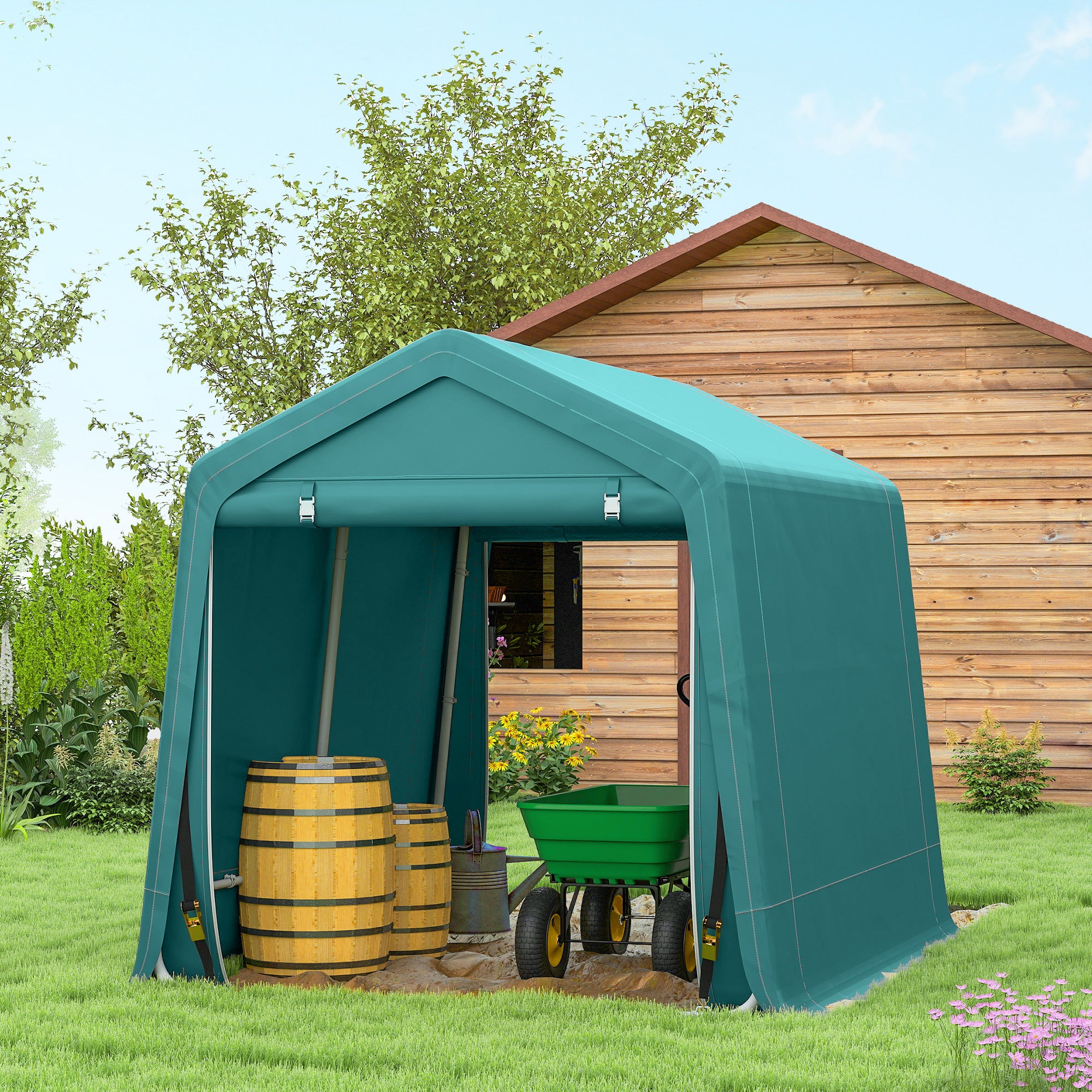 Outsunny 8 x 6.5 ft Outdoor Garden Storage Shed, Waterproof Bike Tent with Double Roll-up Zipper Door for Garden Tools, Green 
