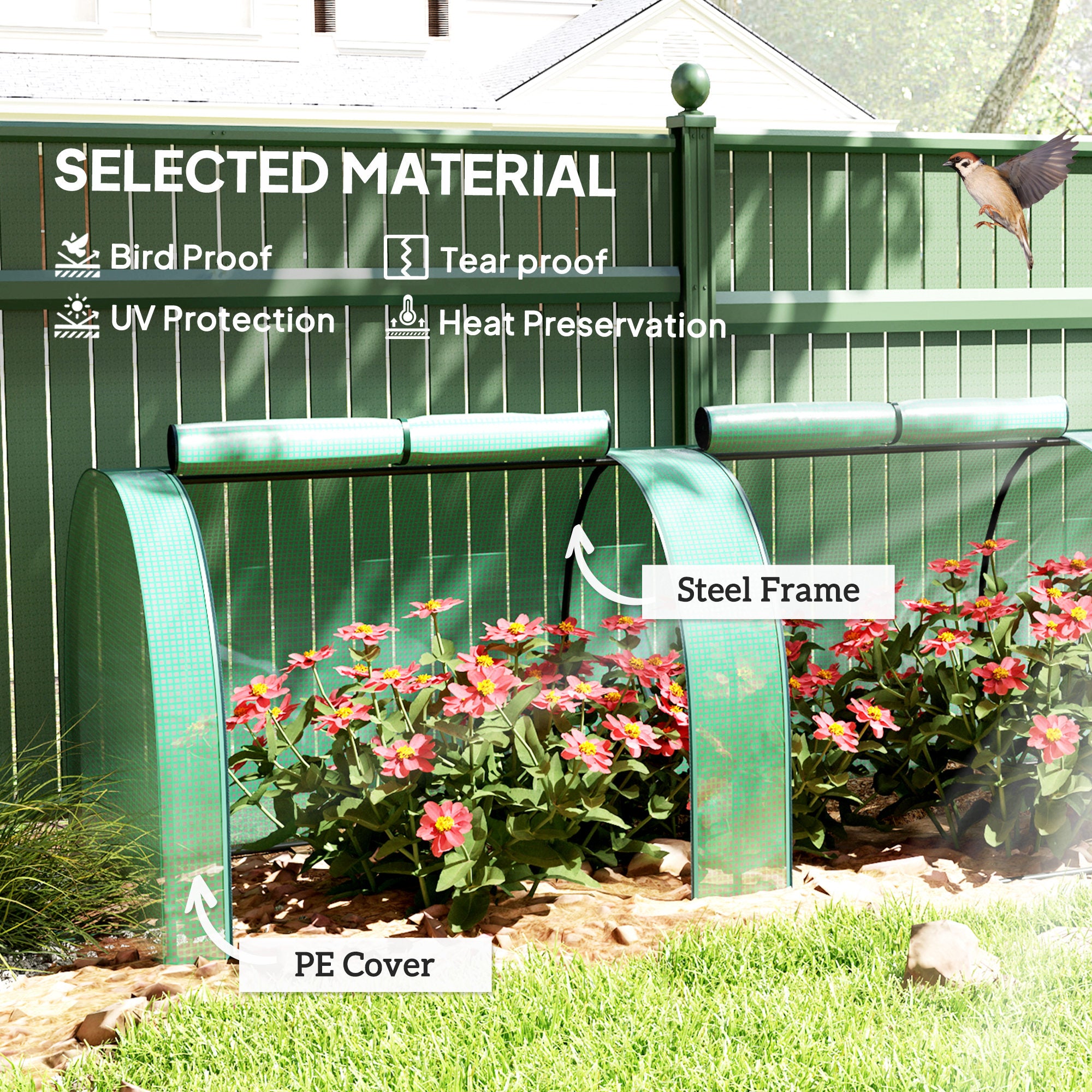 Outsunny PE Tunnel Greenhouse Green Grow House Steel Frame for Garden Backyard with Zipper Doors 395 x 100 x 80cm, Green